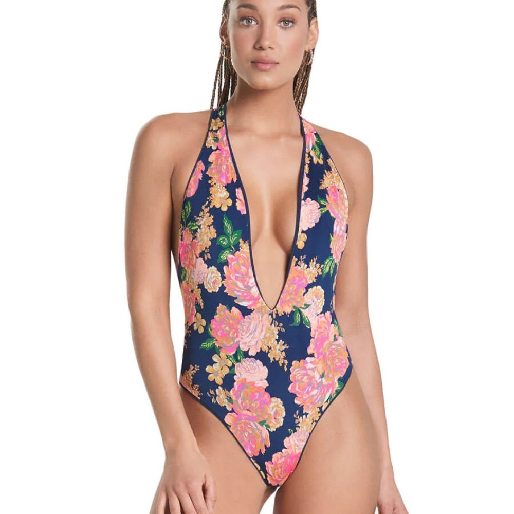 Maaji blue bell Tiky V-Plunge Reversible One-Piece Swimsuit  medium NEW